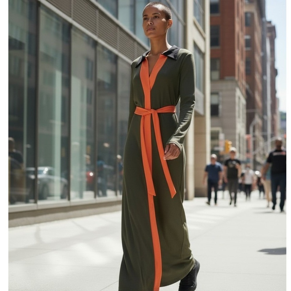 Olive Green Ribbed Maxi Dress Orange Contrast Trim XL Long Sleeve Belted